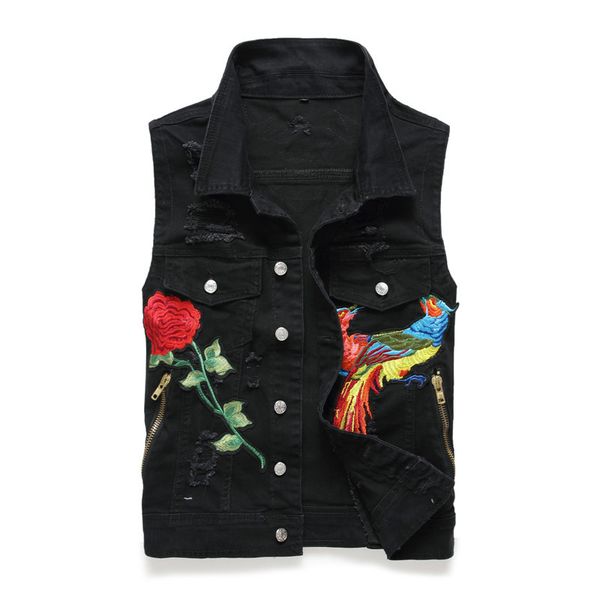 

mens embroidery denim vest fashion cowboy flower punk vest sleeveless jeans jacket motorcycle patch male jean, Black;white