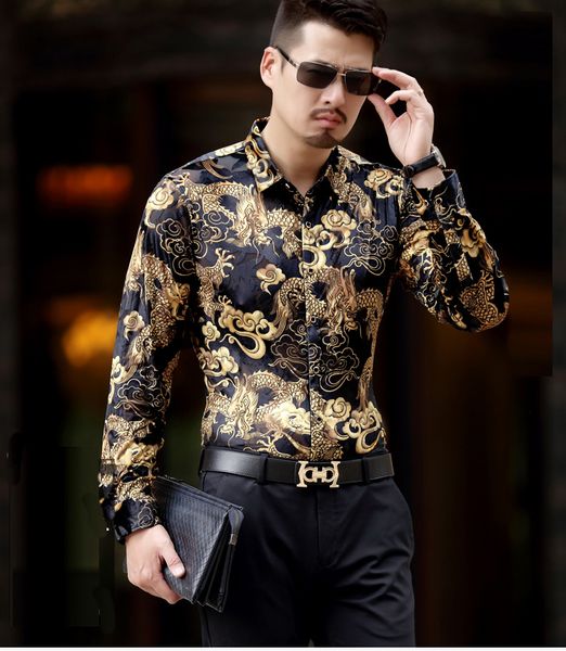 

fashion luxury mens silk shirts men casual long sleeve dragon print design slim velvet shirts soft thin comfortable black, White;black