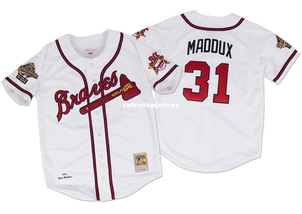 

maddux atlanta 31# mitchell & ness retro 1995 button up jersey, Black;blue