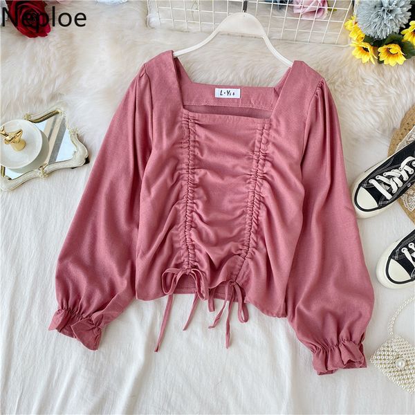 

neploe drawstring lace up women blouse vintage square collar puff long sleeve korean pleated shirts short blouses 55992, White