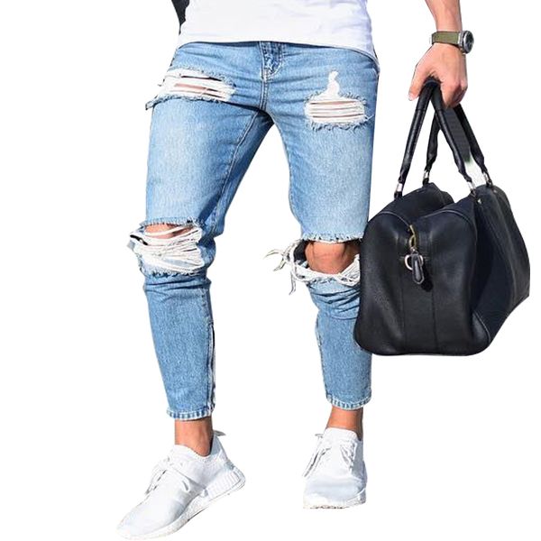 

2019 light-colored hole pants jeans men's jeans skinny slim ripped distressed pleated knee hole denim pants 4xl large size, Blue