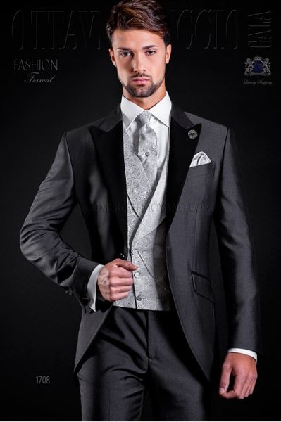 

fashion charcoal grey groom tuxedos peak lapel groomsmen mens wedding dress handsome man jacket blazer 3piece suit(jacket+pants+vest+tie)916, Black;gray