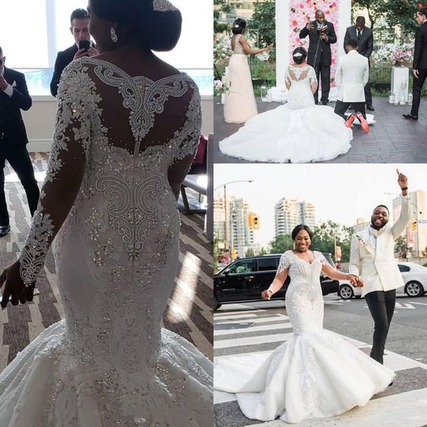 

long sleeves new african luxury mermaid wedding dresses v neck illusion lace appliques pearls crystal beaded court train formal bridal gowns, White