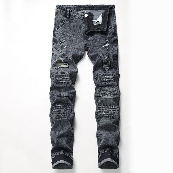 

new fashion men straight holes jeans high street motorcycle patch elastic jeans mens hip hop ripped slim denim pants snow wash, Blue