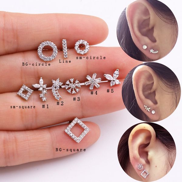 

sellsets 1 piece new styles square round butterfly cz ear piercing studs elegant women tragus helix cartilage piercing jewelry, Slivery;golden