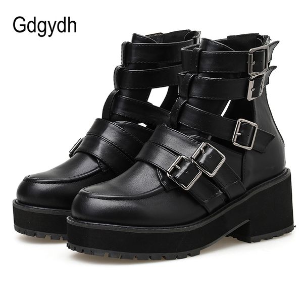 

gdgydh buckle gothic black leather boots women hollow out chunky heel autumn shoes female with zipper drop shipping t200425
