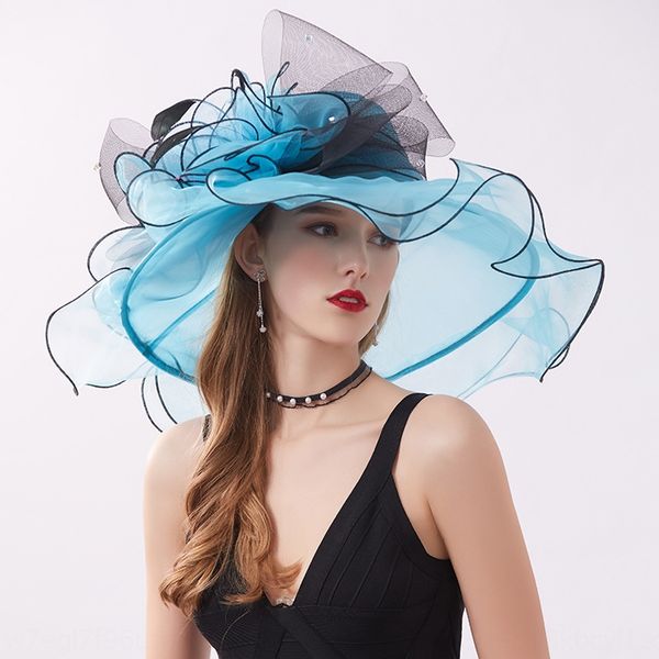 

female summer sun travel sunscreen sunscreen hat large eaves flower ougen yarn folding all-match beach hat, Blue;gray