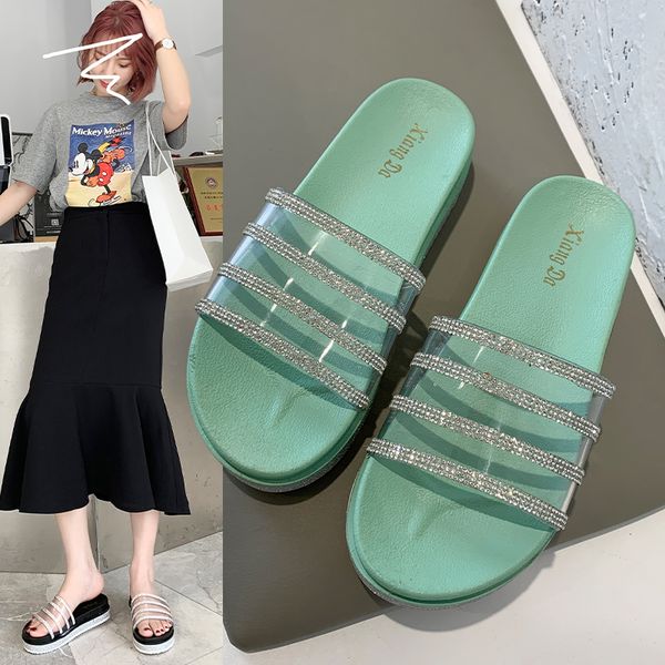 

female shoes slippers flat slides jelly flip flops med platform 2020 soft glitter fabric crystal pu rubber med shoes woman 2020, Black