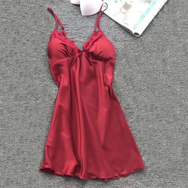 

2019 ladies night satin silk nightgown babydoll strapless nightdress chemise lace temptation robe sleepwear dress lingerie, Black;red