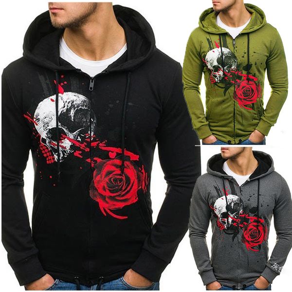 

autumn winter men scary skull rose print hooded sweatshirt new slim front zipper pockets male hoodies outwear for men s-3xl, Black
