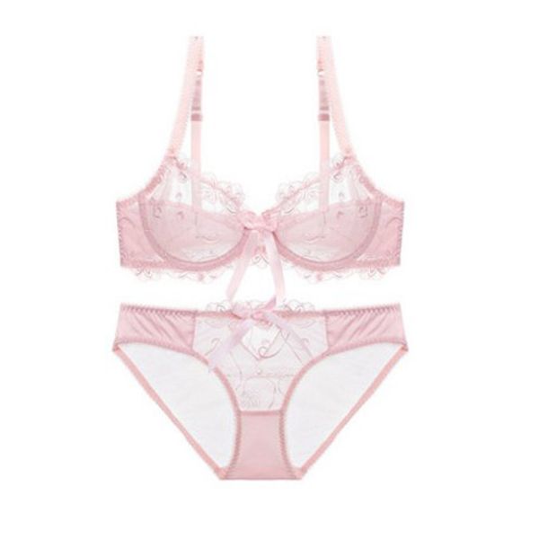 

european and american girls underwear ultra-thin transparent embroidered breathable womens bra set, Red;black