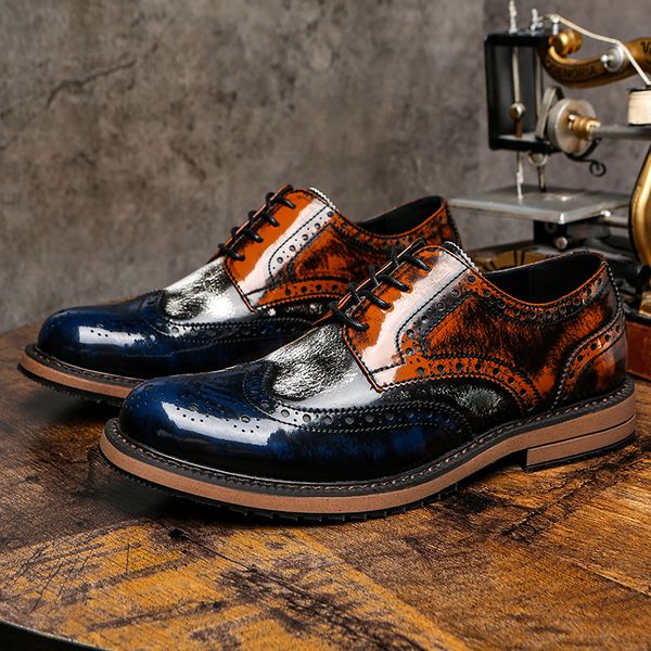 

korean style men's luxury fashion party nightclub dress patent leather shoes carving brogue oxford shoe bullock sneakers zapatos, Black