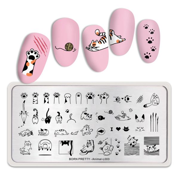 

born pretty rectangle nail stamping plates cute cats stainless steel template nail art image stencil animal diy plate tools, White
