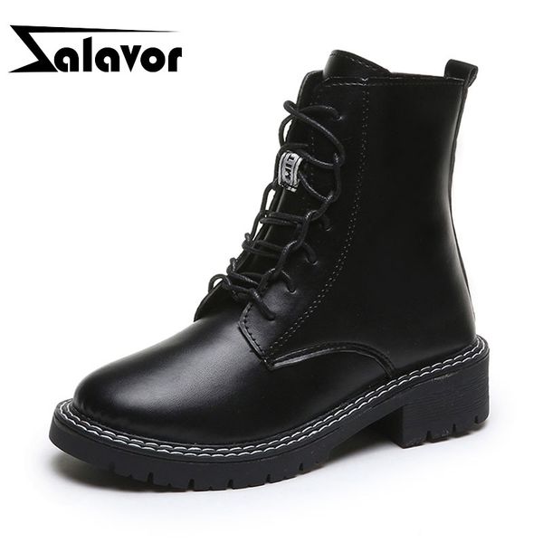 

zalavor women punk daily winter ankle boots round toe casual flats motorcycle boots black lace up shoes women size 35-40