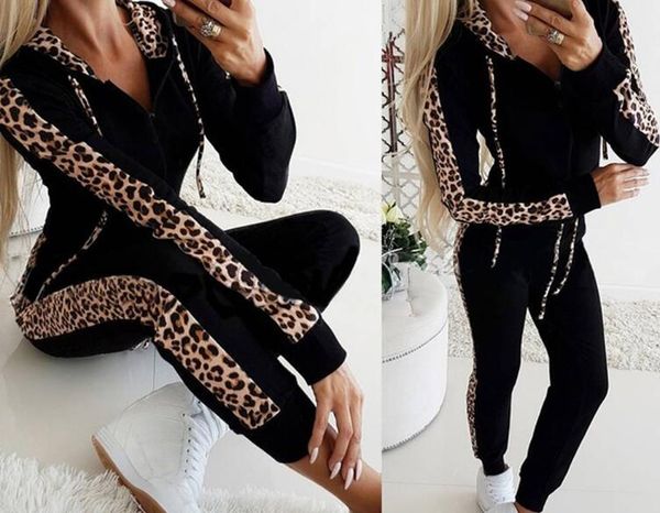 

autumn winter fashion tracksuit women splice fleece leopard print coat with hood two pieces set hoodies long pants suit, White