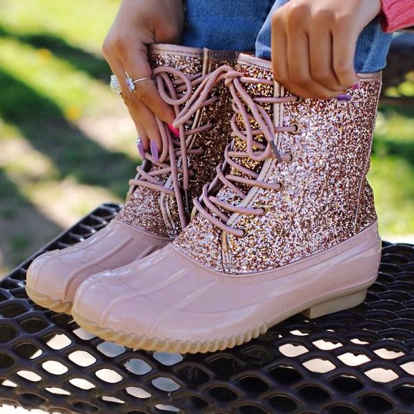 

women boots low heel short boots pu leather lace up sequin shining bota feminina women chunky heel solid color shoes, Black