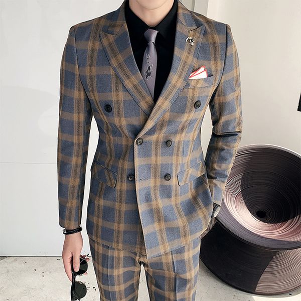 

2 pieces men suits double breasted groom terno masculino casual slim fit men wedding suits plaid blazer fashion jacket+pants, White;black