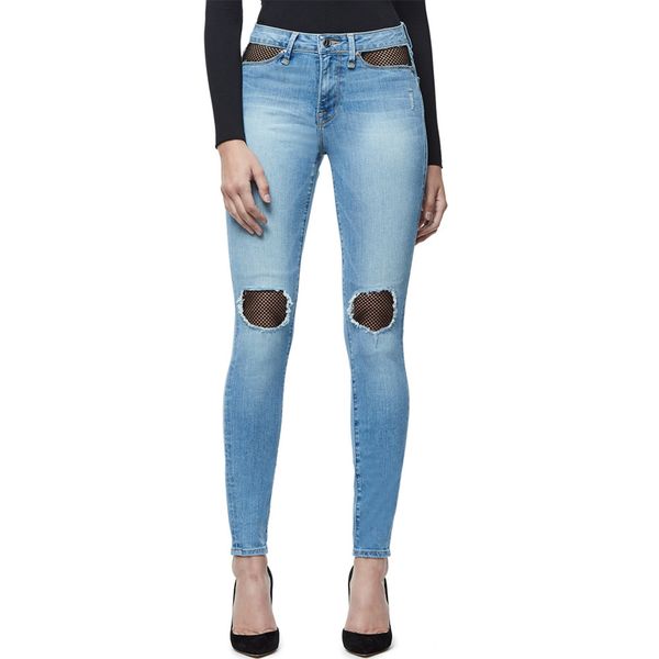 

women's mesh hollow out patchwork jeans stretch ripped skinny jeans distressed denim pants autumn fashion pants, Blue