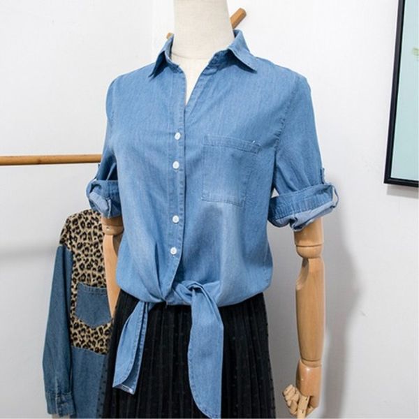 

womens shirt and blouses summer women casual bow denim shirt female denim shirts women's fashion short blouse girls quality, White