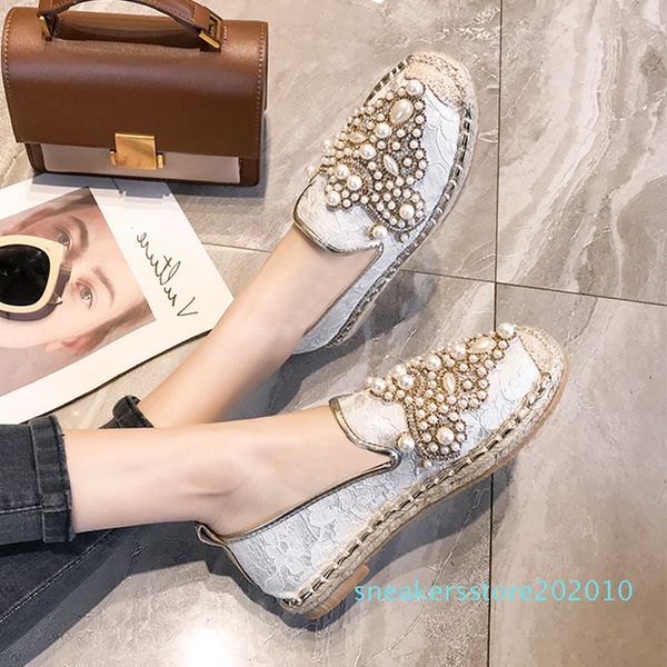 

women lace pearl slip ons loafers summer espadrilles rhinestone flat heel slides slippers s10, Black