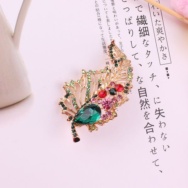 

lubov green red crystal stone inlaid hollow out gold color metal leaf brooch pin trendy women costume jewelry gift for girls, Gray