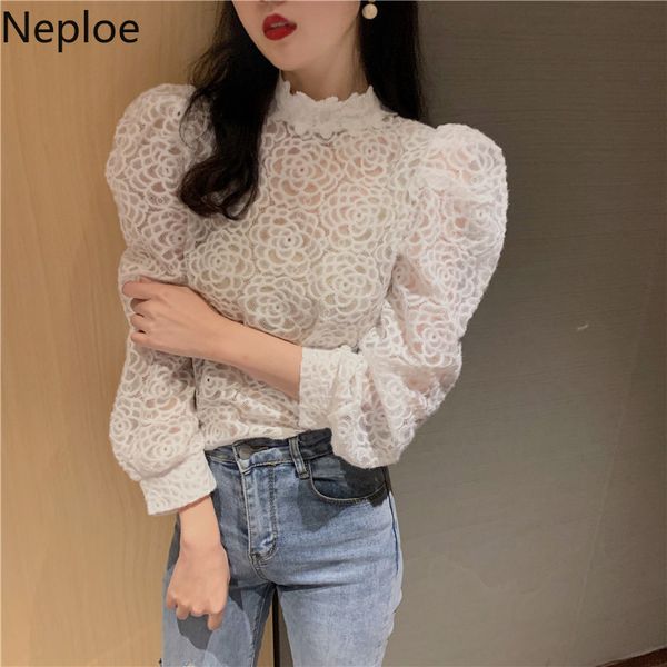 

neploe lace shirt perspective gauze basic blouse 2019 long sleeve half turtleneck solid autumn korean slim blusas 56419, White