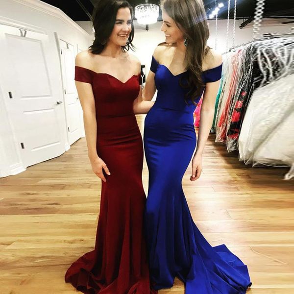 

off-плечу cap рукавом атласные вина royal blue партии платье развертки поезд пром платья sites формальные платье для женщин, Black