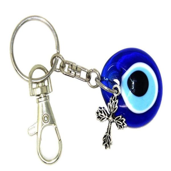 

Good Luck Blue Glass Devil's Eye Keychain For Keys Car Key Ring Handbag Vintage Silver Cross Key Chains Jewelry Friendship NEW