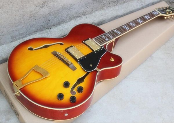 

пользовательские lp полу-полые толстые электрогитары закат цвет, чехол для гитары доступны, поддержка настройки, бесплатная доставка