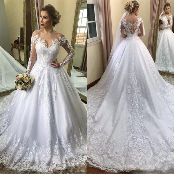 

2020 vintage long sleeve a line wedding dresses arabic off shoulder lace appliqued bridal gowns with court train plus size maternity dress, White
