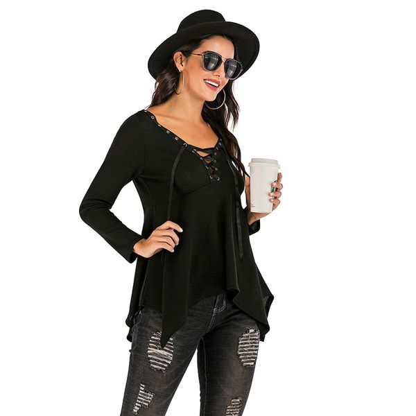 

Soild Women Long Sleeve Slim T-Shirt Fashion V-Neck Lace-up Lady Sexy Tops Casual Female TShirt Tee YY6189