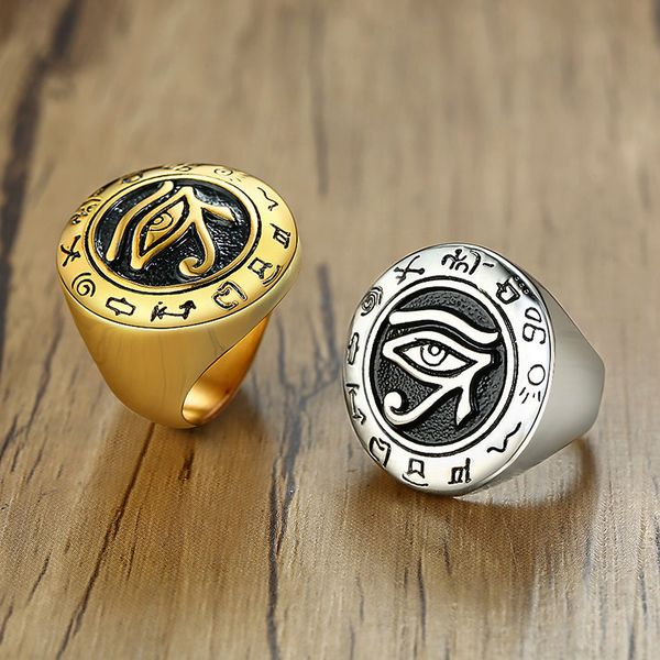 

vintage eye of horus rings for men ancient egyptian pharaohs titanium stainless steel male ring jewelry ra udjat amulet shield, Silver