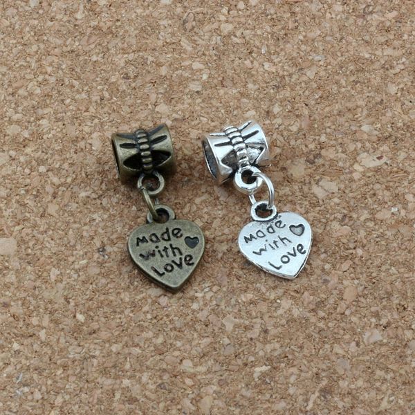 

150pcs/lots made with love heart dangle charm beads fit charm bracelet diy jewelry antique silver /bronze 9.5x23.5 a-528a, Bronze;silver