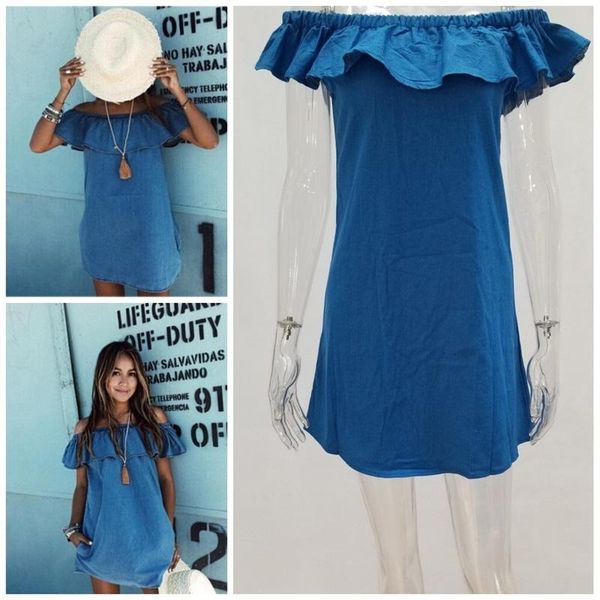 

imitation denim dresses solid color off shoulder shirt skirt sleeveless women soft womens home clothes 15xx e1, Blue;gray