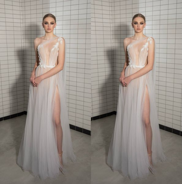 

свадебные платья berta bohemian boho 2019 на одно плечо a line illusion пляжное свадебное платье длиной до пола со сплит vestidos de novia, White