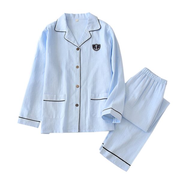 

japanese fresh navy pajama sets men sleepwear hombre 100% gauze cotton casual male long sleeve cozy summer pyjamas men, Black;brown