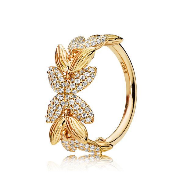 Оптово-18K желтое золото CZ бриллиантовое кольцо Set Первоначально коробка для Real Luxury 925 Silver Новая мода Обручальное кольцо для женщин