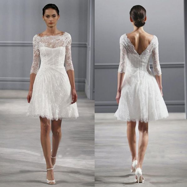 

half sleeves lace wedding dresses knee length bateau neck v back bridal dress spring applique plus size short beach wedding gowns, White