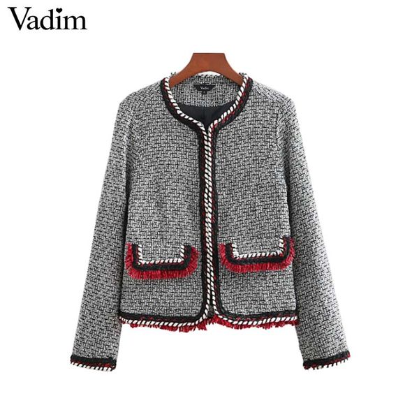 

vadim vintage tweed plaid jacket coat tassel pockets decorate long sleeve coats retro female casual outerwear chic ca150, Black;brown