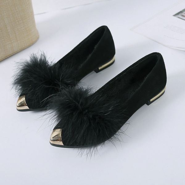 

metal pointed fluffy shoes autumn and winter new style korean-style flat plus velvet moccosins side scoop bootie foot cover, Black