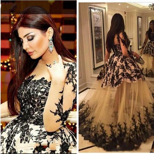 

2019 sheer neck a-line evening dresses with black lace appliques prom gowns long sleeves robe de soiree formal party dresses, Black;red