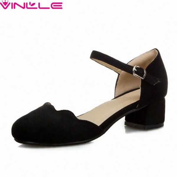 

vinlle 2020 flock round toe spring summer all match ladies shoes square middle heel hollow buckle fashion women pumps size 34-43, Black