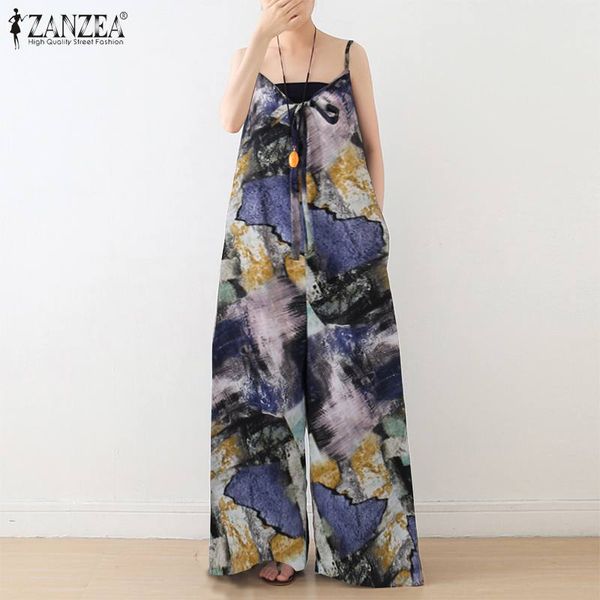 

women's jumpsuits & rompers plus size summer zanzea fashion printed wide leg pants spaghetti strap long playsuits female overalls, Black;white