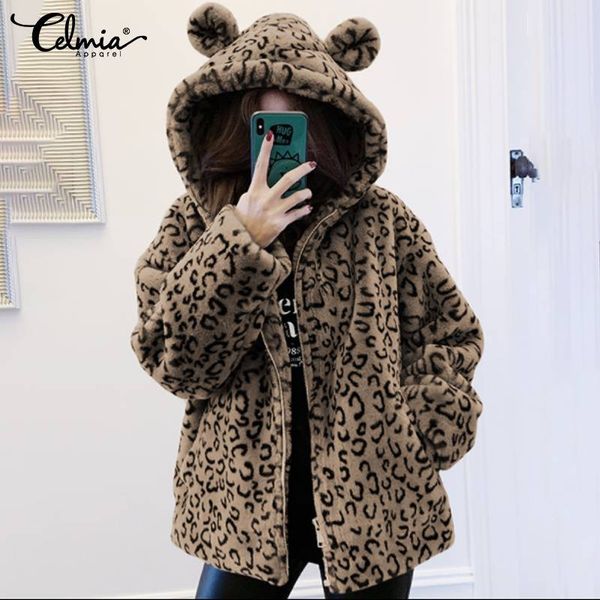 

women hooded cute teddy coats celmia 2019 winter warm jackets long sleeve outerwear zip casual leopard plush overcoat plus size, Black;brown