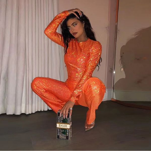 

orange fashion seuqined women jumpsuits celebrity round neck long sleeve straight solid high street autumn party club jumps 2019, Black;white