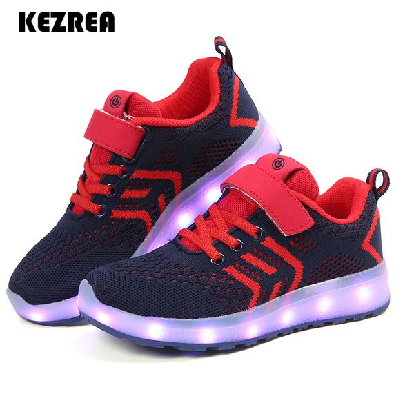 

kids shoes children usb charge colorful led back light mesh girls flash luminous sneakers boys glowing running shoes, Black