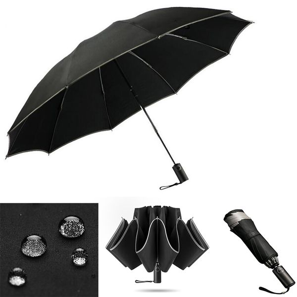

windproof automatic 3folding umbrella rain business 10ribs aluminum alloy umbrellas for men business dark grid handle paraguas