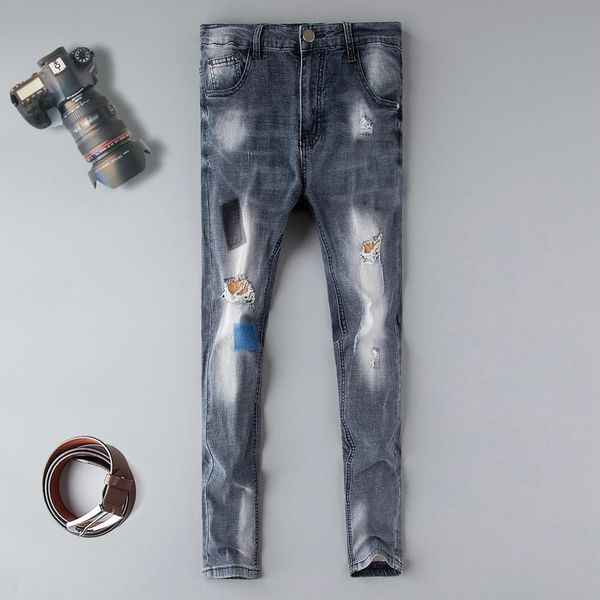 

2019 new fashion men's ripped patches jeans slim fit embroidered denim pants male distressed hip hop jean trousers designer, Blue