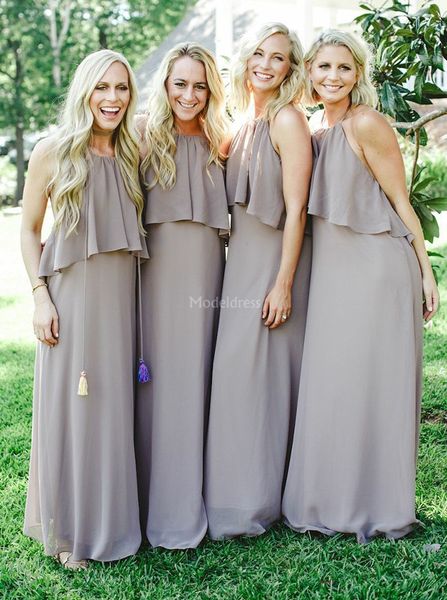 Lastest Long Bridemaid Dresses Halter Backless Chiffon Country