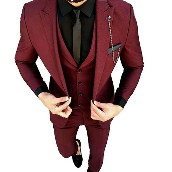 Abiti da sposo su misura con risvolto a punta Smoking da sposo bordeaux Abiti da uomo Matrimonio / Ballo di fine anno / Cena Giacca da uomo migliore (giacca + pantaloni + cravatta + gilet) K258